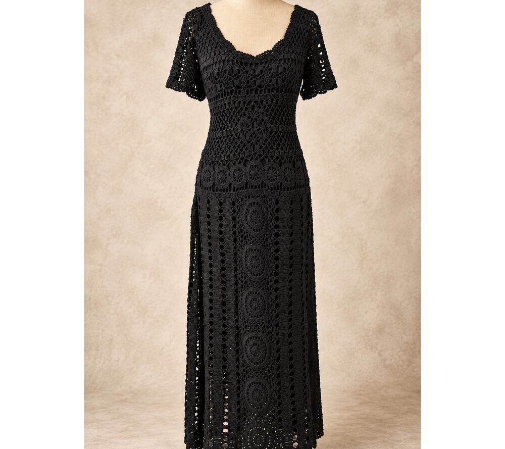 Vintage black crochet openwork midi dress going out boho gothic romantic witchy